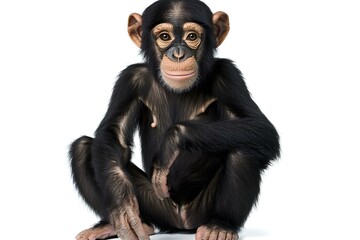 Fototapeta premium Young Chimpanzee, Simia troglodytes, 5 years old, sitting in front of white background