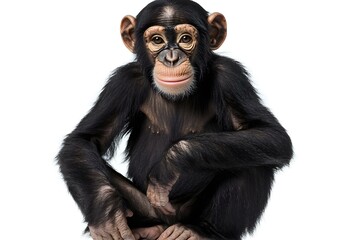 Fototapeta premium Young Chimpanzee, Simia troglodytes, 5 years old, sitting in front of white background