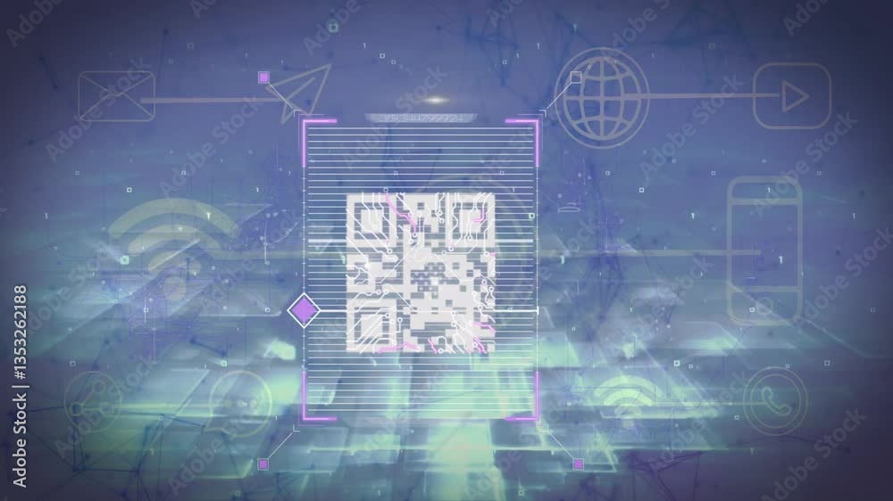 Poster qr code scanning animation over digital network symbols and abstract background