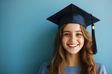 A happy young woman wearing a graduation cap smiles broadly