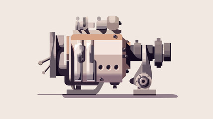 The image is a vector illustration depicting a stylized mechanical device.  The device is rendered in a simplified, flat style with muted beige and grey tones.  It features various interconnected
