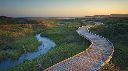 Winding Wooden Boardwalk Coastal Wetland Nature Landscape