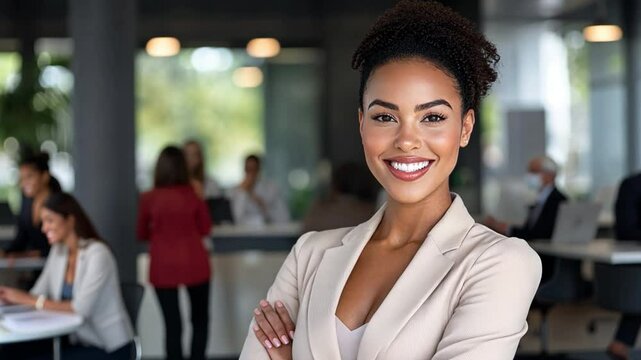 Poised Professional: A confident, smiling woman, possibly an executive, stands with folded arms in a modern office environment, projecting an image of success and approachability.