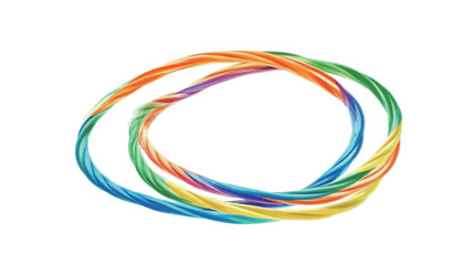 The image shows three intertwined, slightly translucent, rainbow-colored rings forming an oval shape against a white background. The rings are composed of multiple colors blending smoothly into each