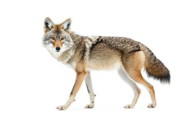 A lone coyote Canis latrans isolated on white background walking and hunting
