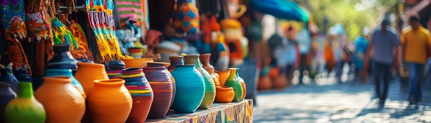 A vibrant marketplace scene featuring colorful handcrafted pottery. Artisan crafts and busy shoppers create a lively atmosphere, showcasing cultural diversity and artistic talent.