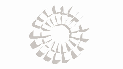 The image shows numerous small, white, cube-shaped objects arranged in a circular pattern on a white background. The cubes are uniformly sized and evenly spaced, creating a symmetrical and visually