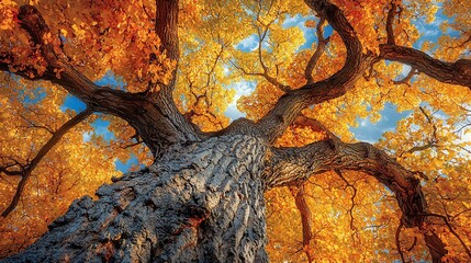 Low angle view of large tree with vibrant autumn leaves.