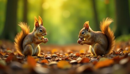 Generations of squirrels enjoying acorns in the forest, animals, trees