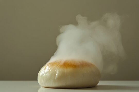 A fresh baked bread roll releases steam into the air