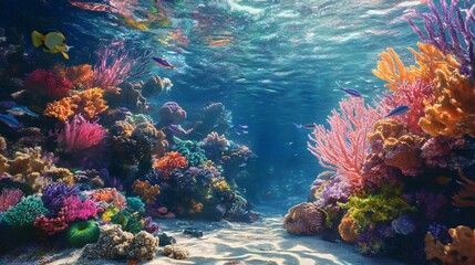 A vibrant underwater scene displaying colorful corals and aquatic life