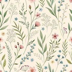 A soft, watercolor pattern featuring delicate leaves and buds in shades of green and yellow,seamless pattern background
