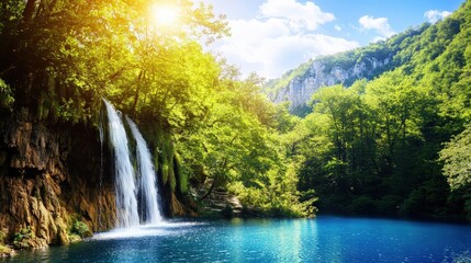 A serene waterfall cascades into a clear blue lake, surrounded by lush greenery and sunlight filtering through the trees.