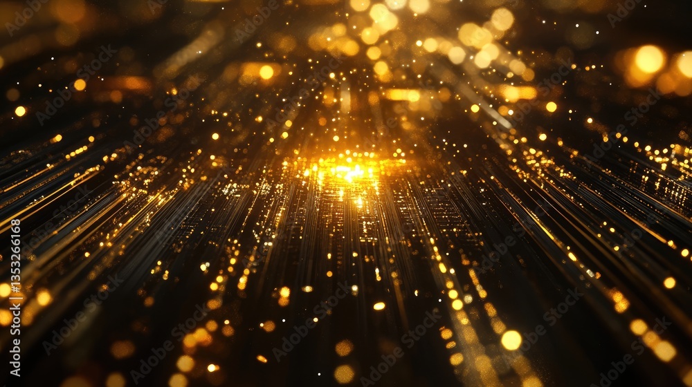 Poster a mesmerizing display of golden light streaks radiating from a central point, creating a dynamic and