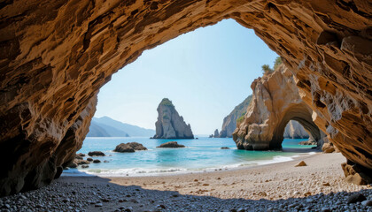 View from a cave framing a beach and rocky ocean formations