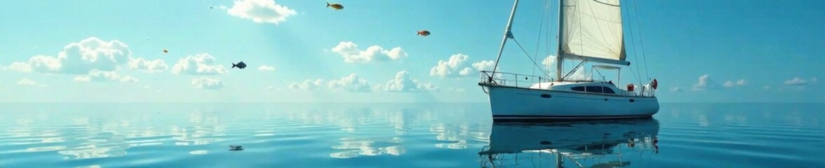 Obraz premium Sailboat anchored in calm waters with fish swimming around it, nature, water, sailboat