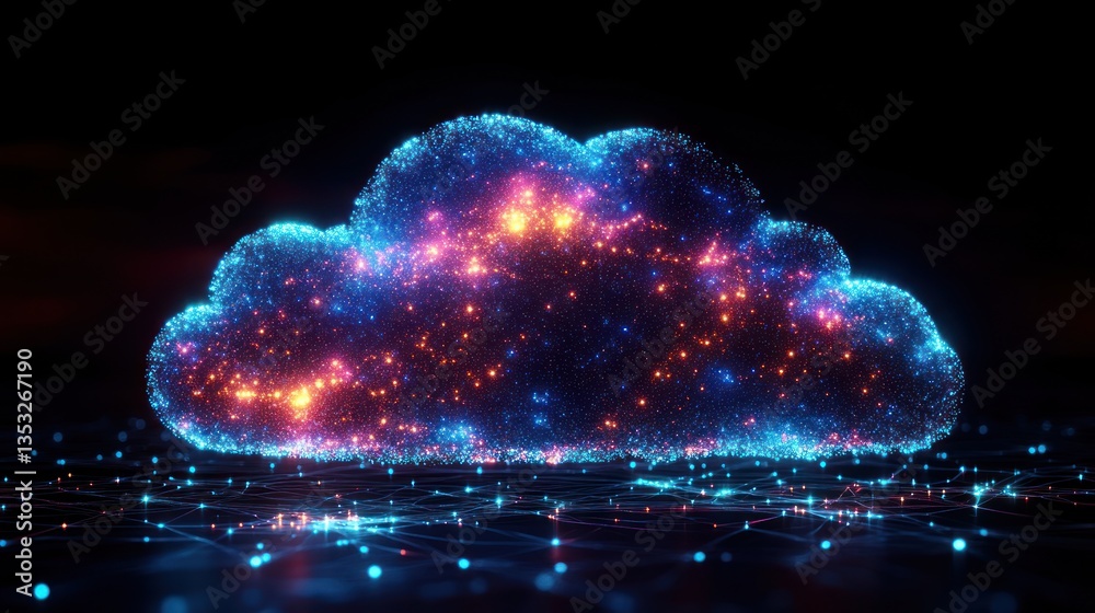 Aufkleber glowing cloud symbol composed of particles on a dark background.