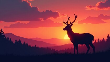 Silhouette of a deer against a dawn sky with forest in the background , deer, nature