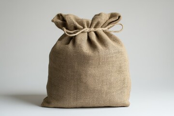 A brown burlap sack tied at the top with twine on display