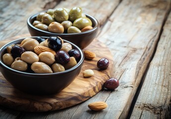 Colorful Selection of Varied Olives and Nuts in Rustic Bowls on Wooden Surface Ideal for Mediterranean Cuisine and Healthy Snacking Ideas