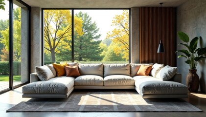 Sleek sofa with geometric patterns, floor-to-ceiling windows, light wood furniture, windows, geometric