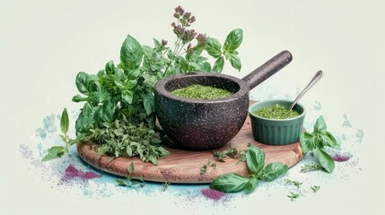 Fresh Pesto Ingredients  Basil  Herbs  Mortar  Bowl  Wooden Board  Culinary  Food Photogra