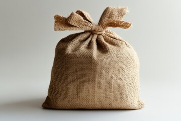 A tied burlap sack stands against a soft neutral background