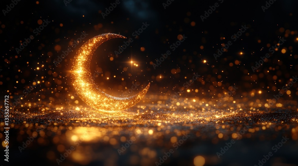 Aufkleber Glowing crescent moon on dark background with sparkling particles.