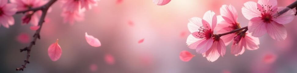 Soft pink sakura petals gently falling on a blurred background of spring foliage, blossom, delicate petals