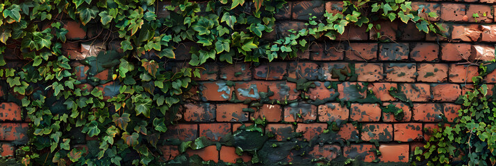 Aged Brick Wall Partially Covered in Lush Ivy Showcasing Nature's Resilience