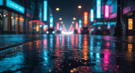 Fototapeta premium Rainsoaked city road with glistening pavement and neon reflections at night