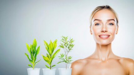 Fototapeta premium Beautiful Woman with Plants Skincare Beauty Nature Growth