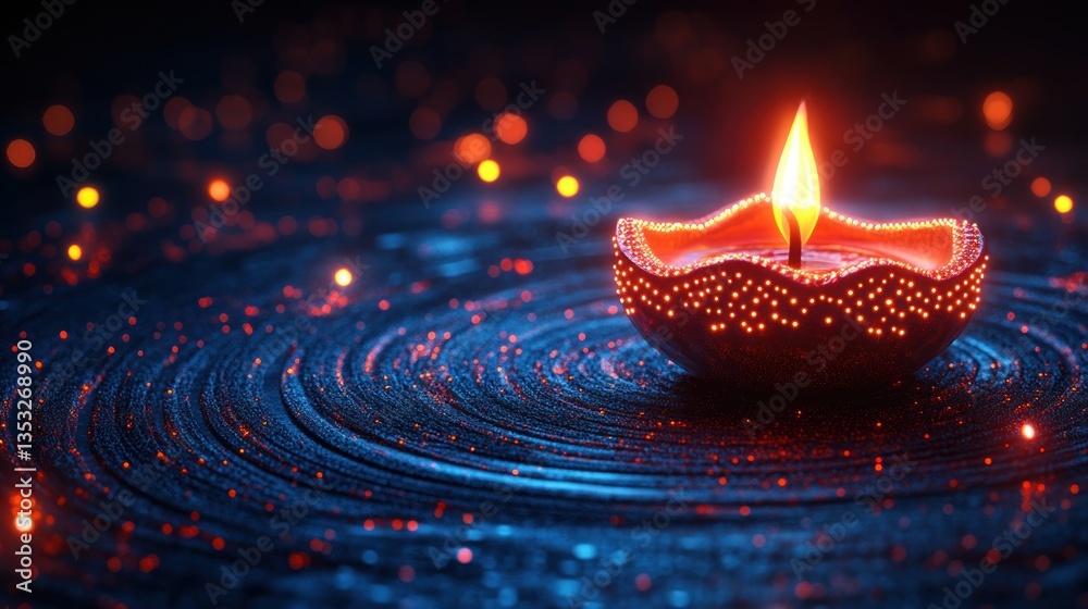 Poster glowing diya oil lamp on dark swirling surface with bokeh lights.
