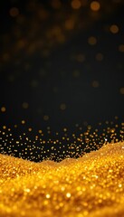 Densely packed gold glitter creates a shimmering, luxurious texture against a deep black backdrop, close up, glamorous, elegant