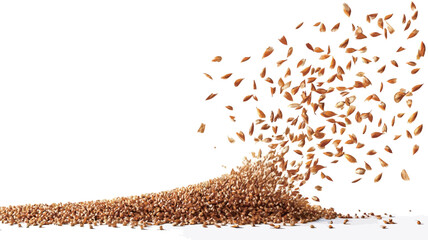 The image shows a stream of wheat grains in motion against a white background.  A large pile of grains is at the bottom, with smaller grains scattered and flowing upwards and to the right, creating