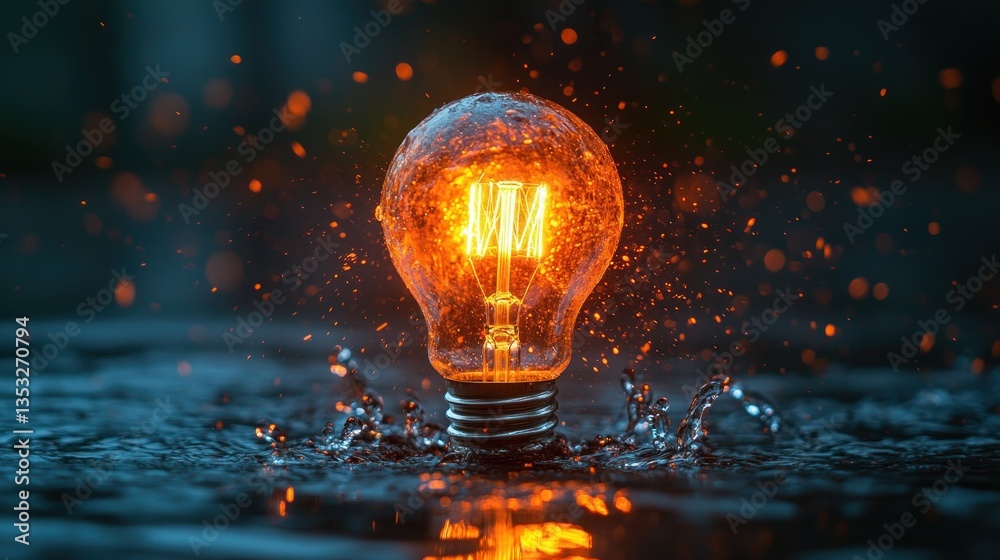 Poster glowing lightbulb in water with splashing drops, sparks, and bokeh.