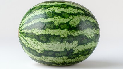 Whole watermelon with green stripes, white background, 