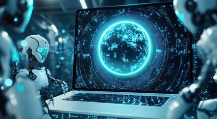 Futuristic robots around laptop displaying Earth globe