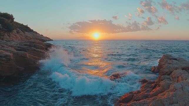Golden sunset over the tranquil ocean reflecting on the water as waves crash against the rocky shore creating a beautiful seascape at dusk, with vibrant colors and serene atmosphere