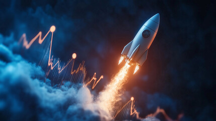 Rocket blasts off from a cloud of smoke, with an upward trending graph, symbolizing growth, success, and innovation.