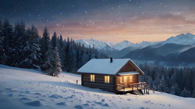 Cozy Cabin Illuminated in Serene Winter Landscape