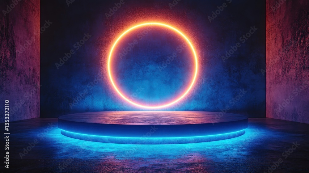 Poster glowing neon circle above a circular platform in a dark room.