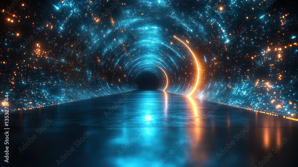 Aufkleber glowing neon tunnel with particles and reflections.