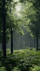 Obraz premium Sunlit Forest Path Through Lush Trees