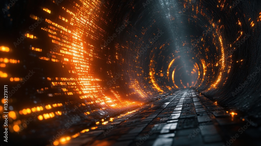 Fototapete glowing orange data streams in a dark, futuristic tunnel with a paved path leading to a bright light