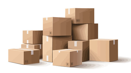 The image shows a digitally rendered pile of various sized, light brown cardboard boxes against a plain white background.  The boxes are depicted with visible flaps and some show tape sealing them.