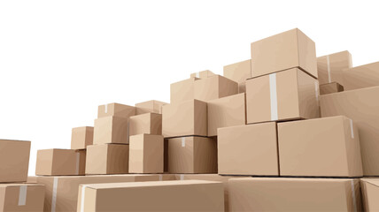 Fototapeta premium A digitally rendered image depicting a large stack of uniformly sized, light brown cardboard boxes against a pure white background. The boxes are arranged in an irregular, ascending pattern,