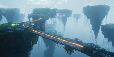 Fototapeta premium A sci-fi world where floating islands are connected by glowing bridges suspended in mid-air