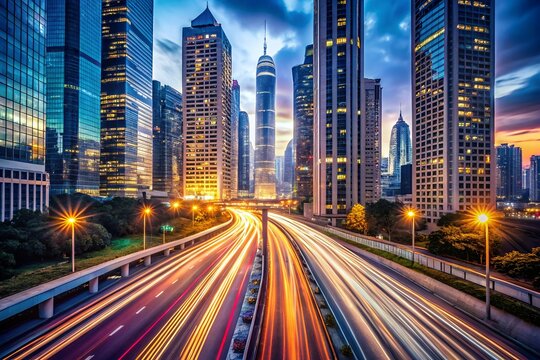 A vibrant cityscape at twilight, showcasing the dynamic energy of a bustling metropolis with streaks of light painting the highway below and towering skyscrapers reaching for the sky.