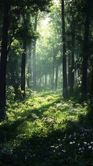 Obraz premium Sunlight path through lush forest